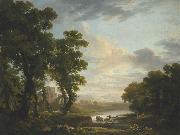 An extensive wooded river landscape with shepherds recicling in the foreground and ruins beyond